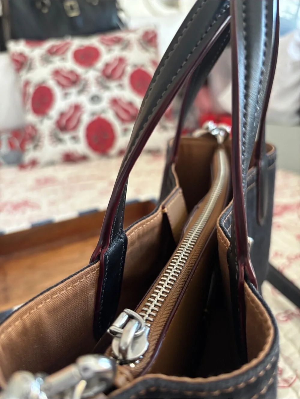 Authentic COACH Black Denim Willow Tote w Blk/Red Trimmed Leather